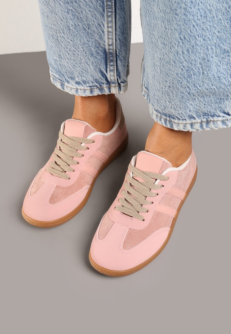 Różowe Casualowe Sneakersy z Ekozamszu na Płaskiej Podeszwie Pemeriana