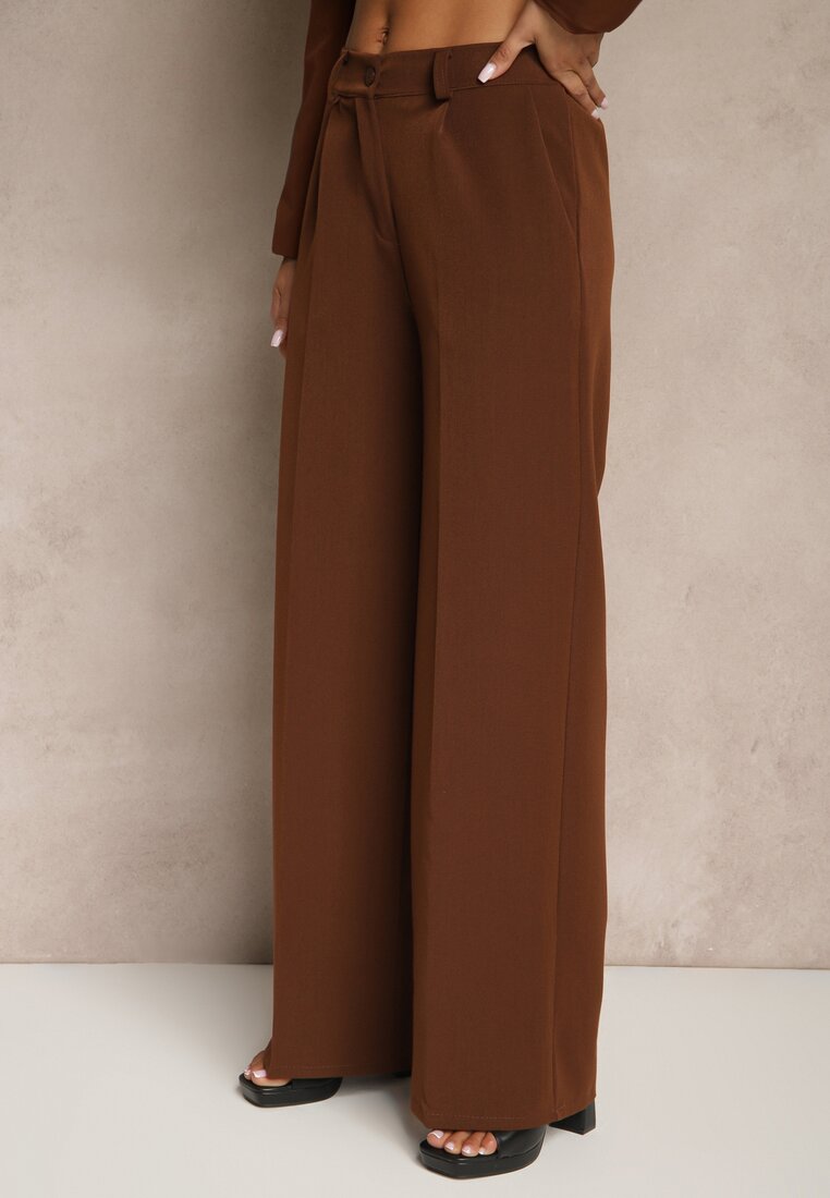 Brązowe Szerokie Spodnie High Waist z Gumką w Pasie Eternel