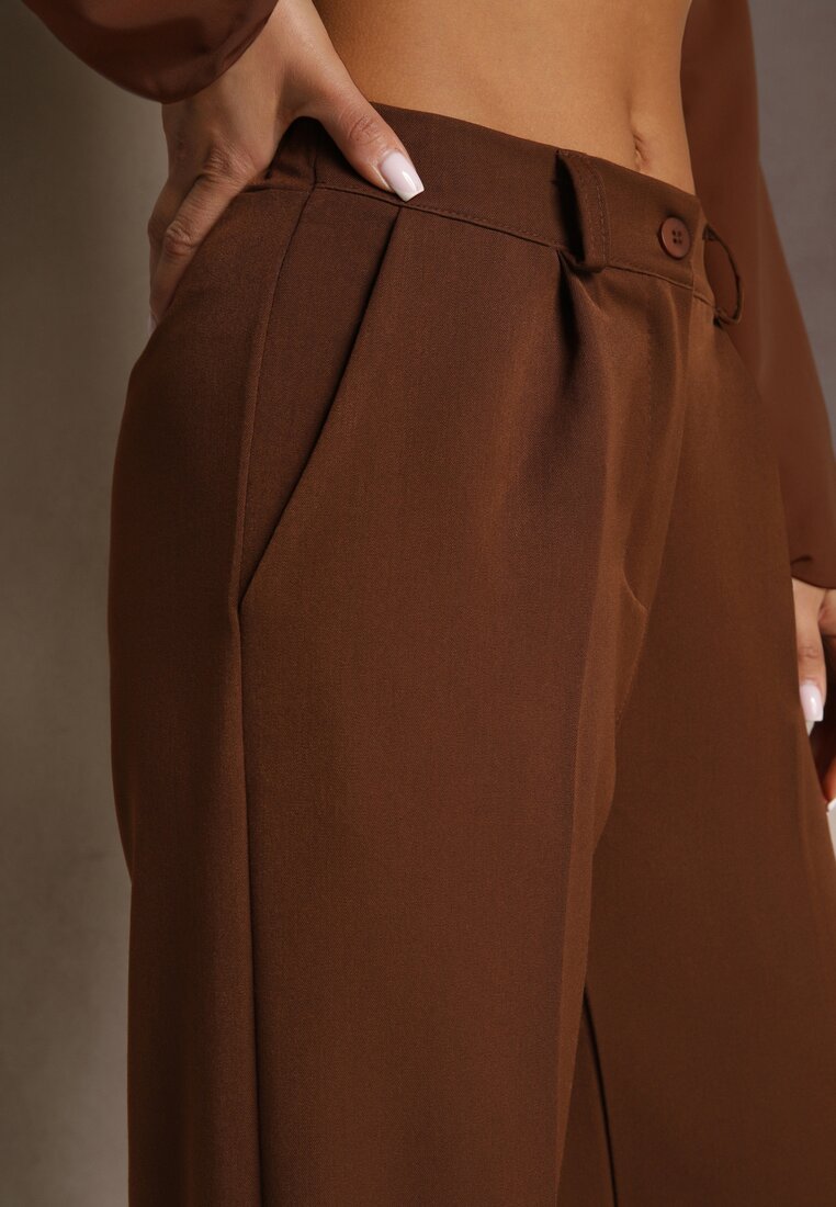 Brązowe Szerokie Spodnie High Waist z Gumką w Pasie Eternel
