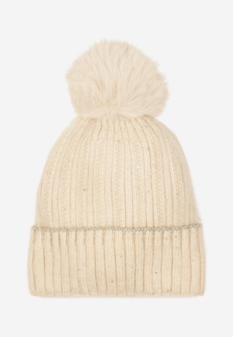 Beżowa Czapka Beanie Ozdobiona Metaliczną Nicią i Pomponem Delasirra