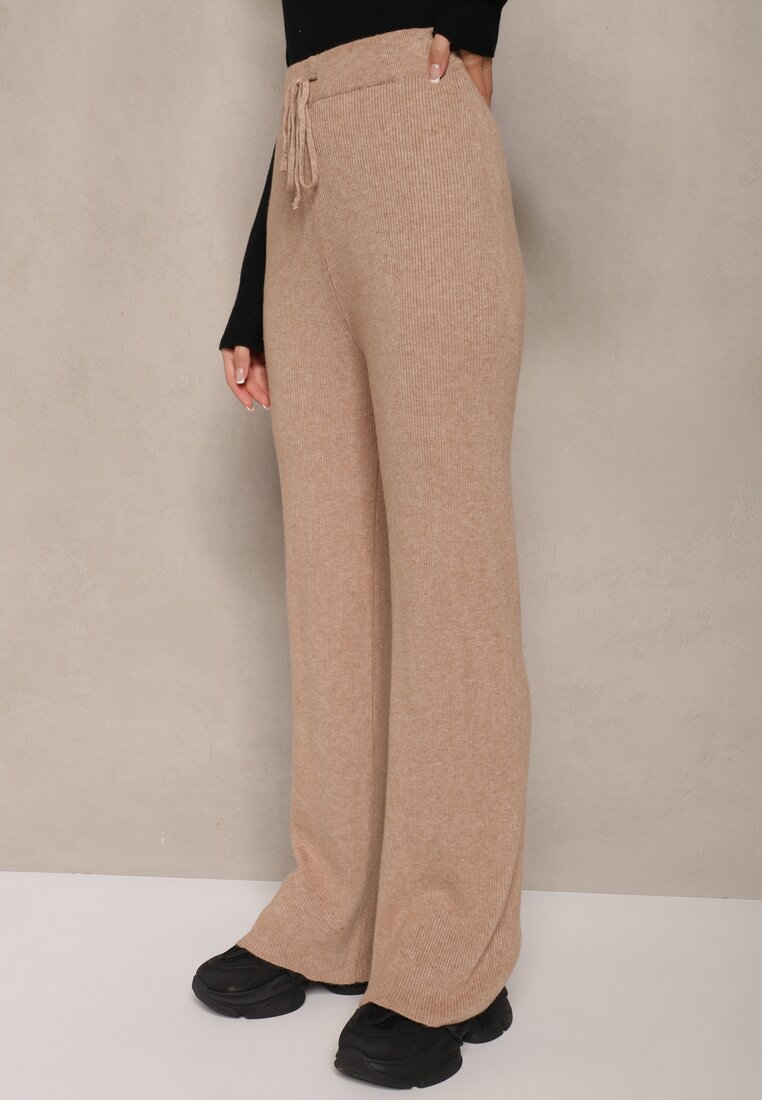 Ciemnobeżowe Szerokie Spodnie z Bawełną High Waist Emarisa