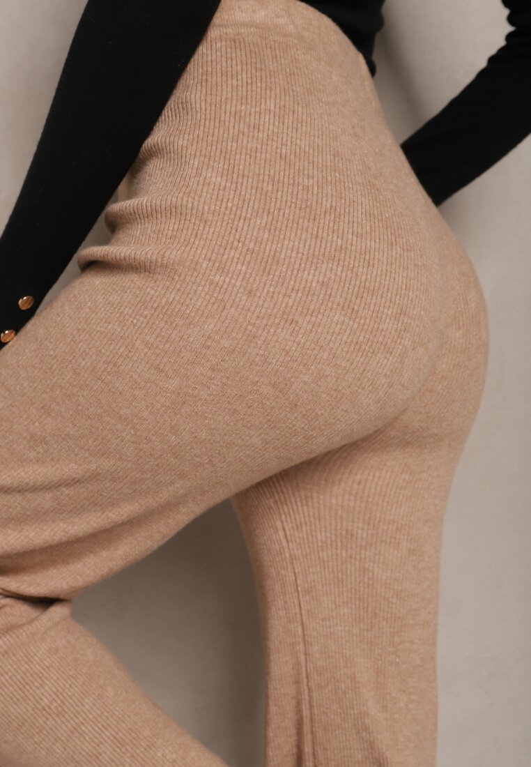 Ciemnobeżowe Szerokie Spodnie z Bawełną High Waist Emarisa