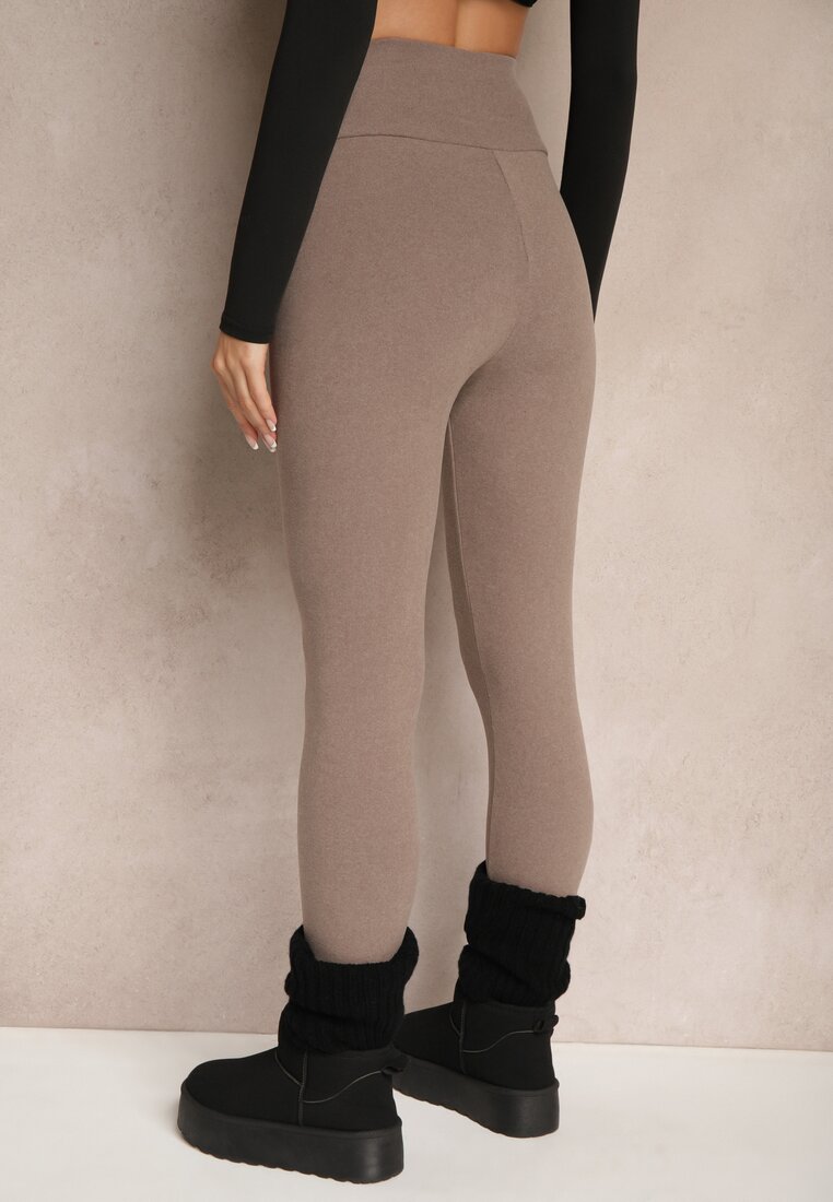 Ciemnobeżowe Legginsy High Waist z Metaliczną Ozdobą Batila