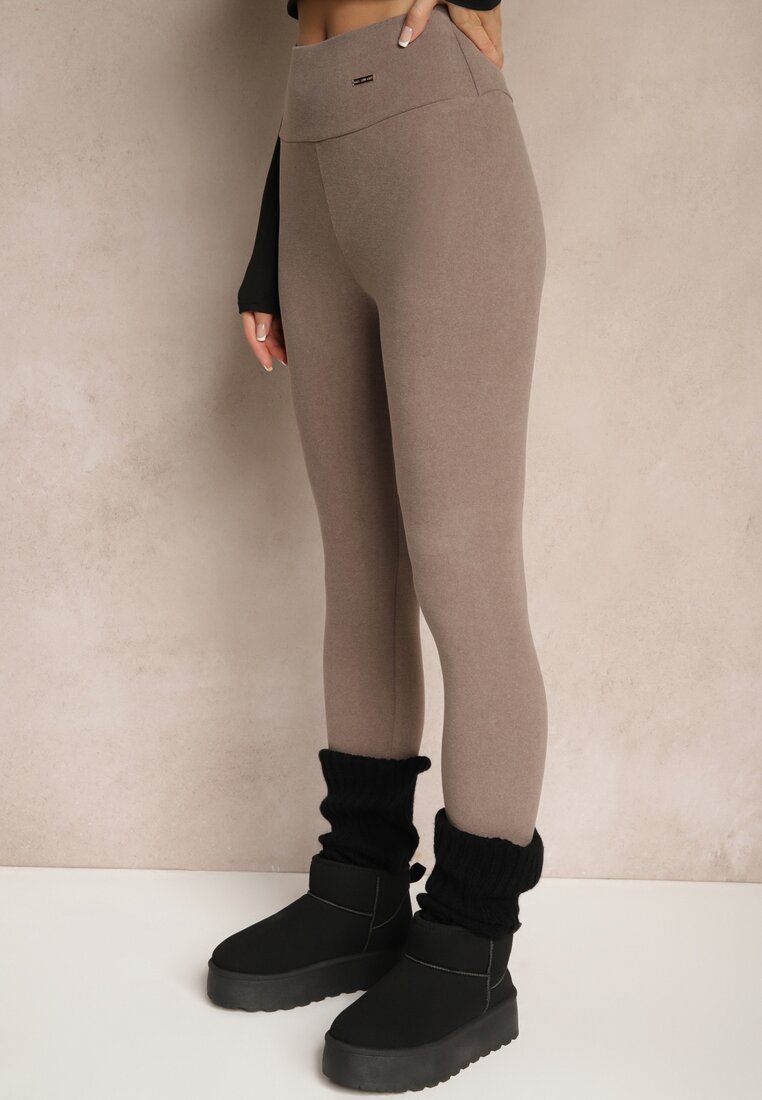 Ciemnobeżowe Legginsy High Waist z Metaliczną Ozdobą Batila