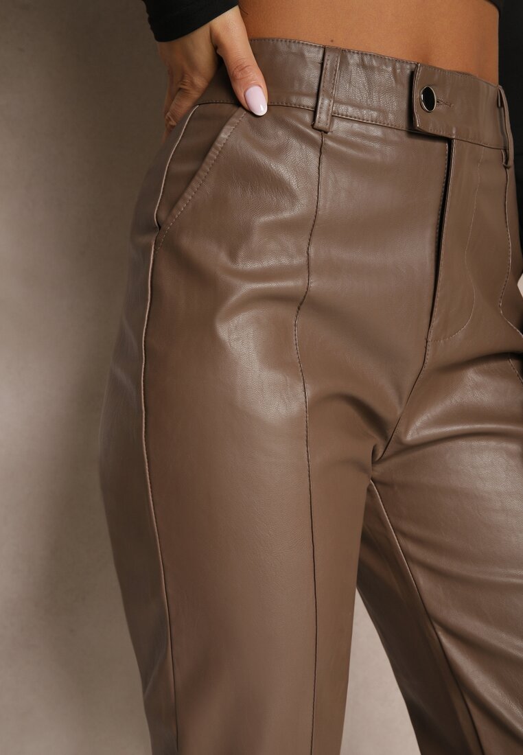 Brązowe Spodnie o Kroju Slim High Waist z Imitacji Skóry Iritharia