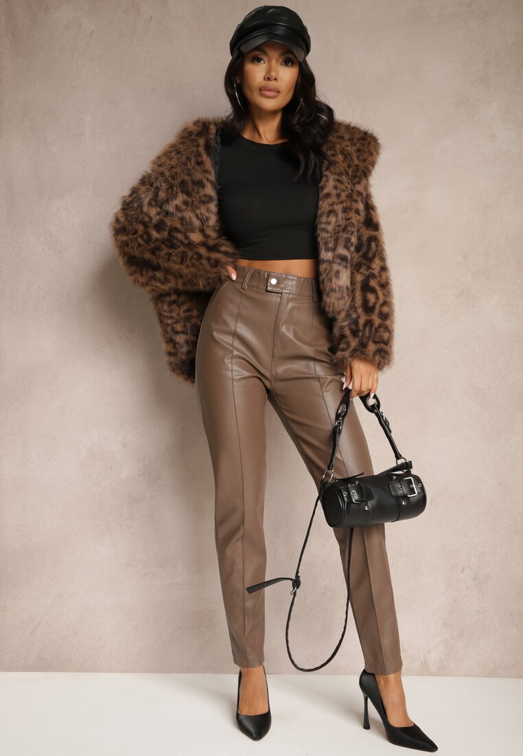 Brązowe Spodnie o Kroju Slim High Waist z Imitacji Skóry Iritharia