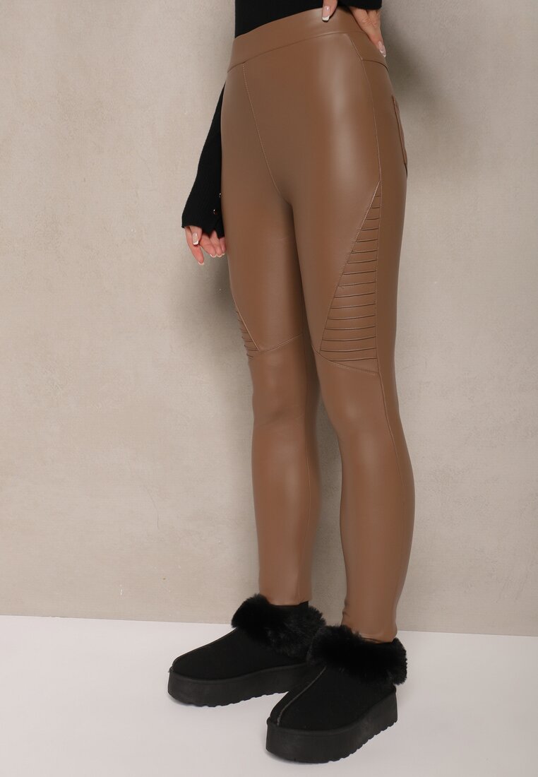 Brązowe Spodnie z Ekoskóry Skinny High Waist Ocieplane Polarową Wyściółką Lavimi