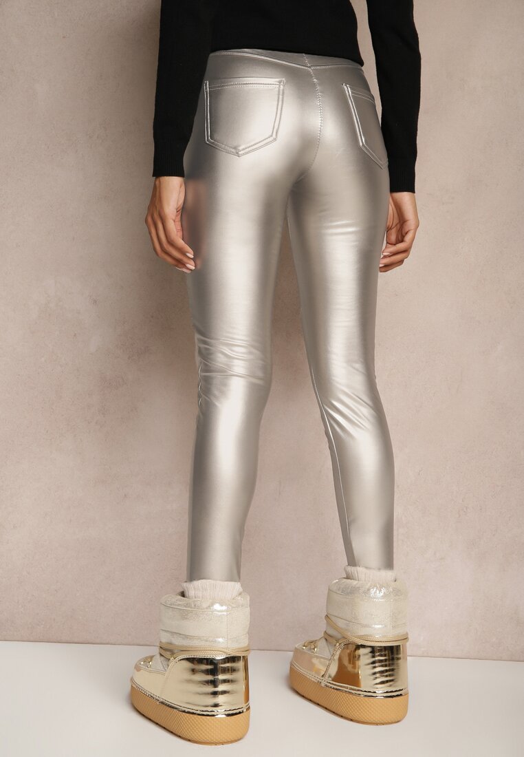 Srebrne Spodnie z Ekoskóry Skinny High Waist Ocieplane Polarową Wyściółką Lavimi