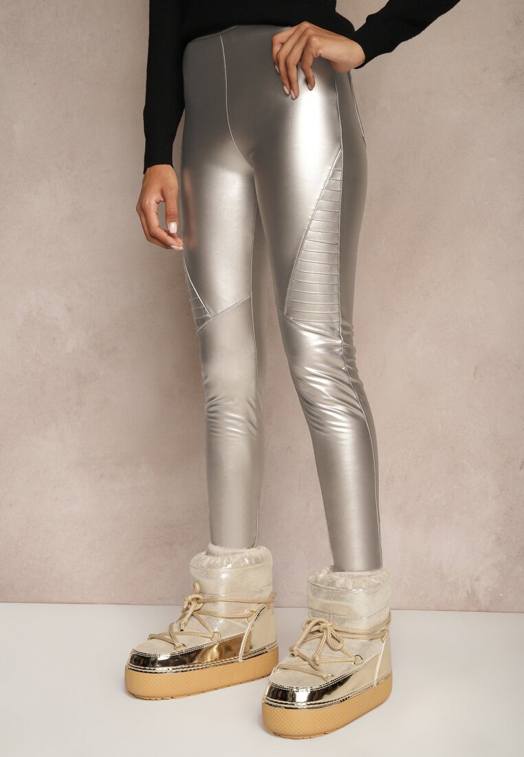 Srebrne Spodnie z Ekoskóry Skinny High Waist Ocieplane Polarową Wyściółką Lavimi