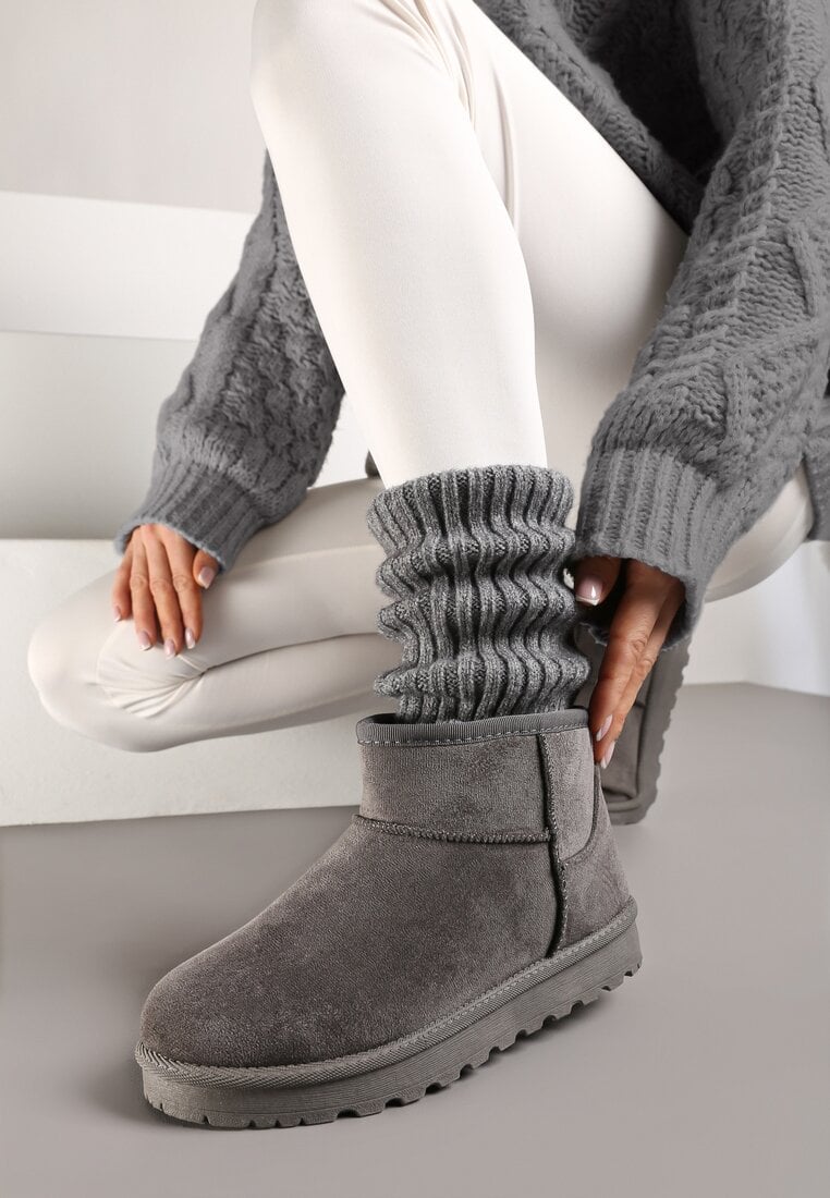 Szare Casualowe Ocieplane Śniegowce na Płaskiej Podeszwie Emelunetta