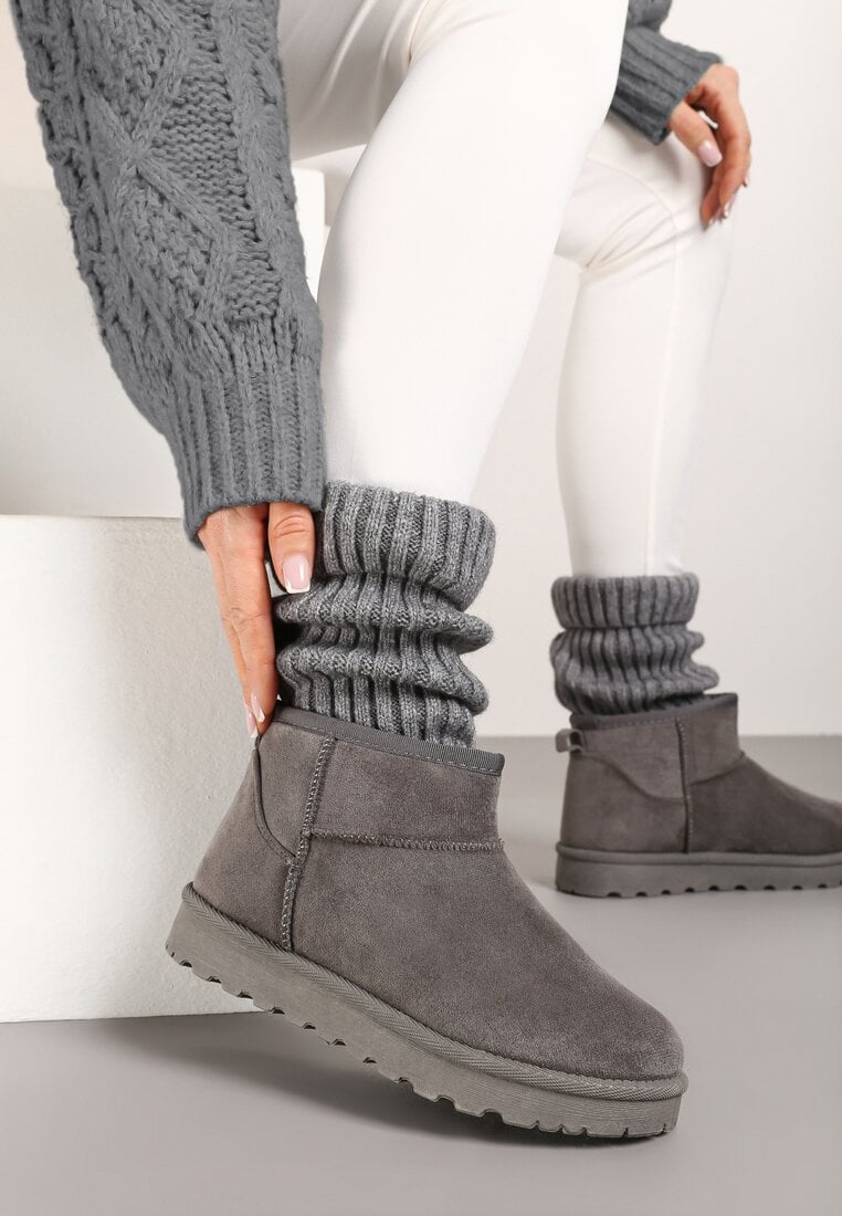 Szare Casualowe Ocieplane Śniegowce na Płaskiej Podeszwie Emelunetta