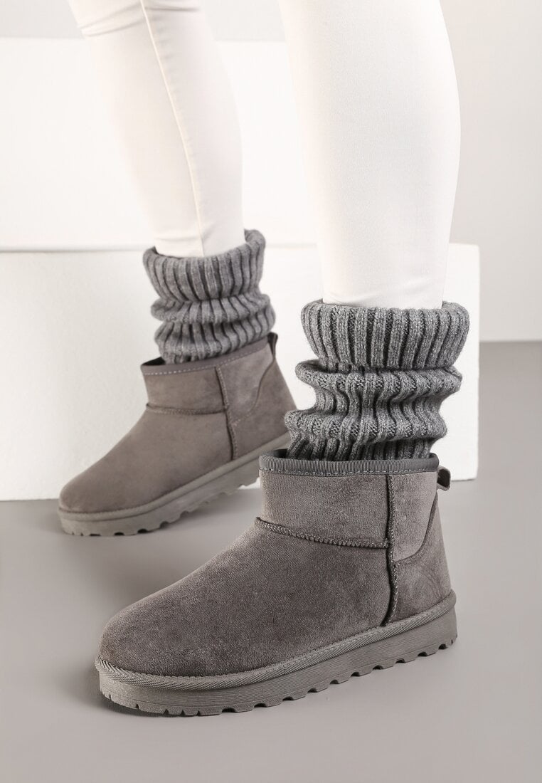 Szare Casualowe Ocieplane Śniegowce na Płaskiej Podeszwie Emelunetta