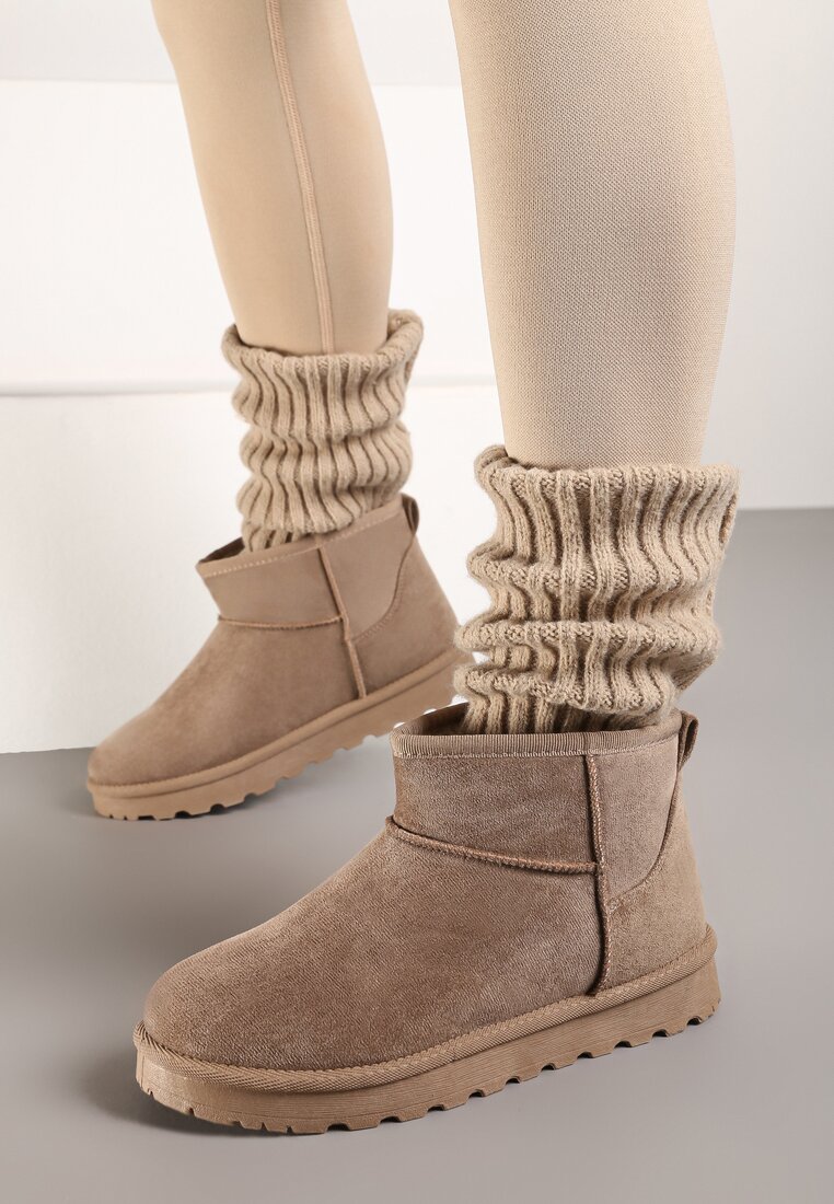 Ciemnobeżowe Casualowe Ocieplane Śniegowce na Płaskiej Podeszwie Emelunetta