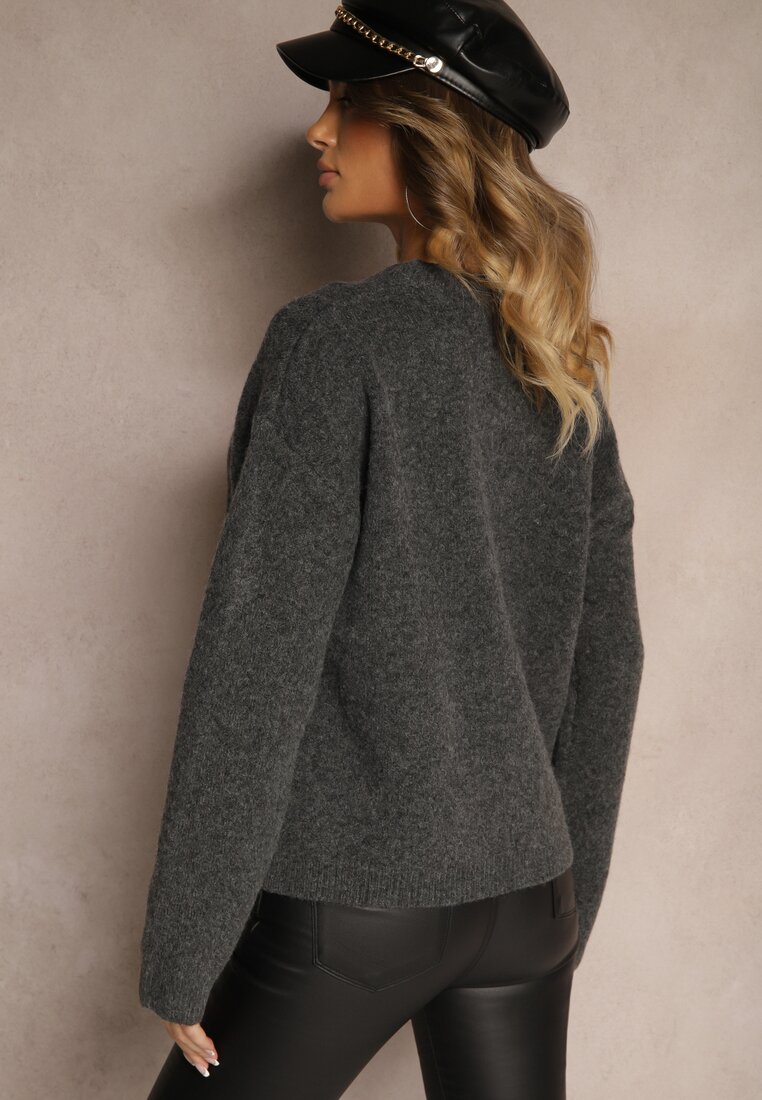 Ciemnoszary Rozpinany Casualowy Kardigan z Wełną Besalttia