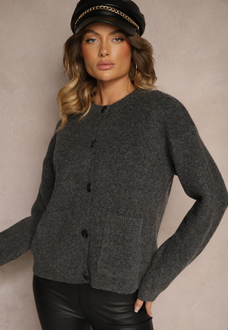 Ciemnoszary Rozpinany Casualowy Kardigan z Wełną Besalttia
