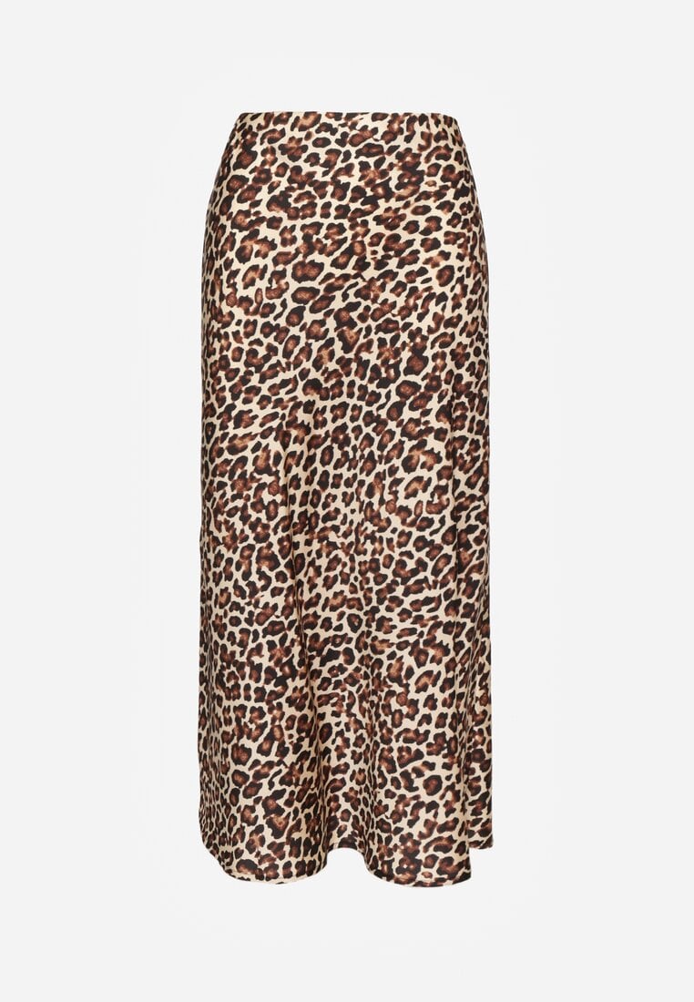Brązowa Spódnica High Waist ze Zwierzęcym Printem i Gumką w Talii Dimella