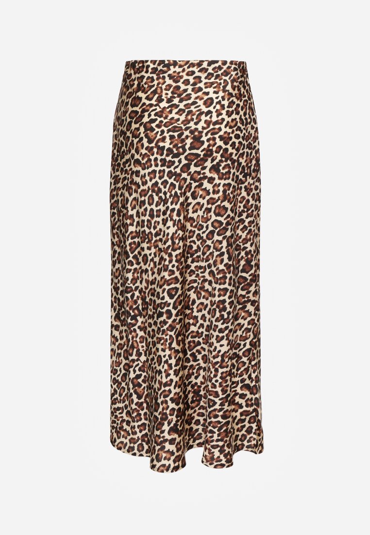 Brązowa Spódnica High Waist ze Zwierzęcym Printem i Gumką w Talii Dimella