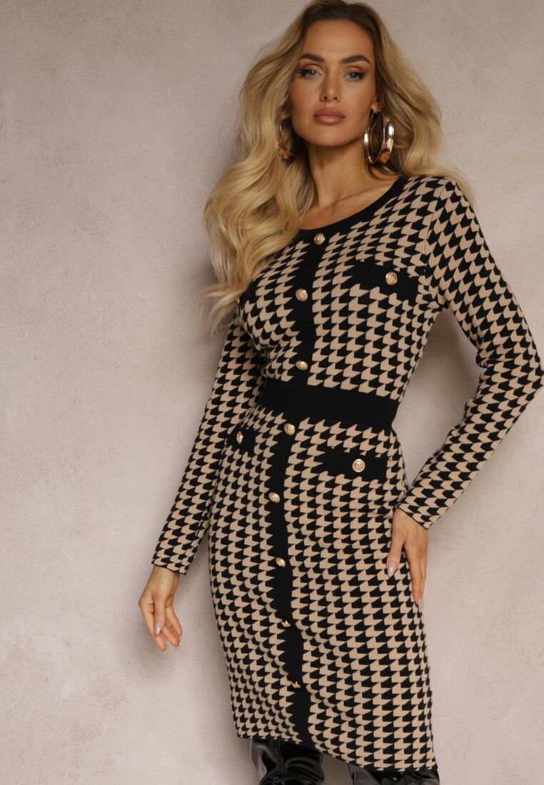 Czarno-Beżowa Sweterkowa Sukienka z Wiskozą w Pipetkę w Eleganckim Stylu Delassea