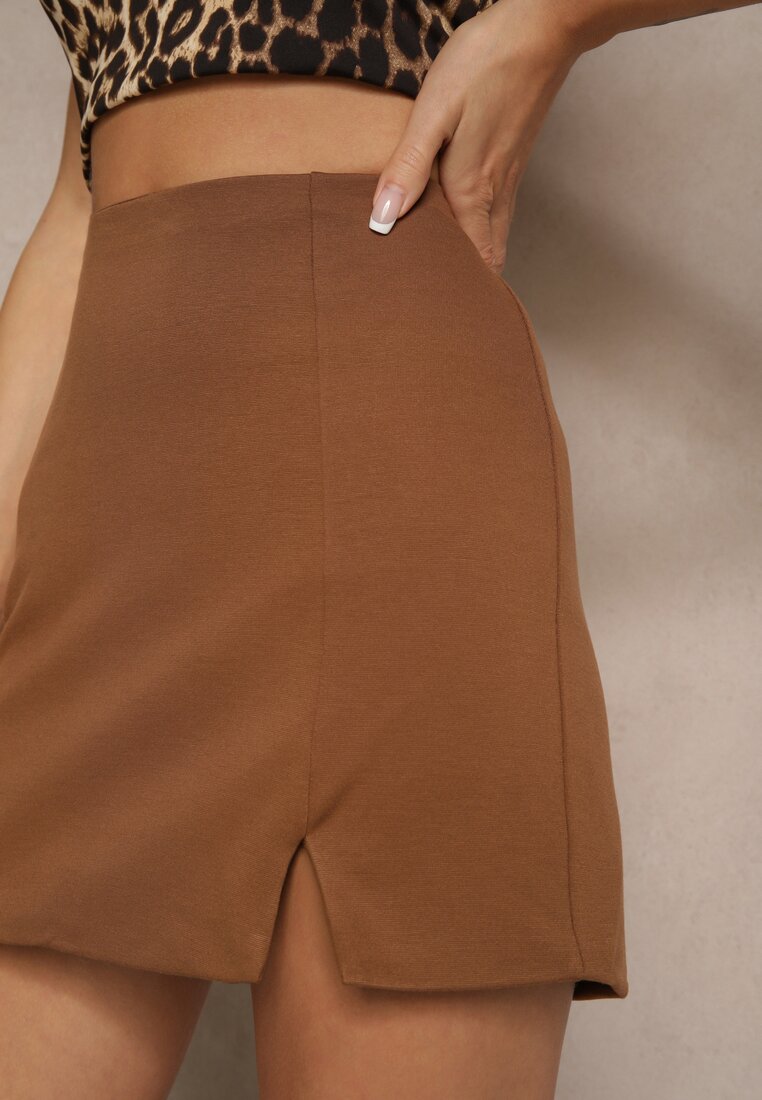 Brązowa Spódnica z Wiskozą High Waist Ozdobiona Rozcięciem Delonis