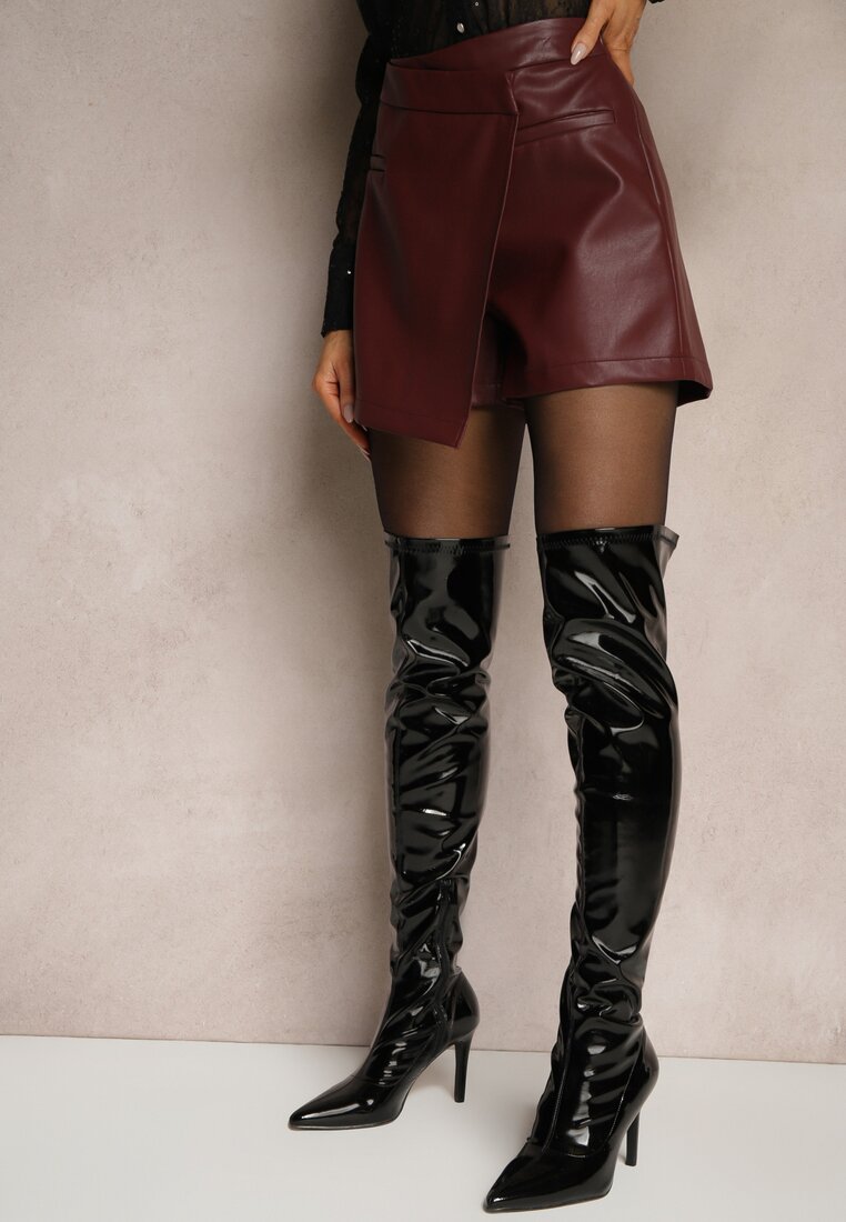 Bordowe Spódnico-Szorty z Imitacji Skóry High Waist o Asymetrycznym Kroju Ravilena