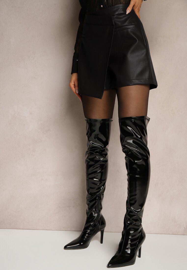 Czarne Spódnico-Szorty z Imitacji Skóry High Waist o Asymetrycznym Kroju Ravilena