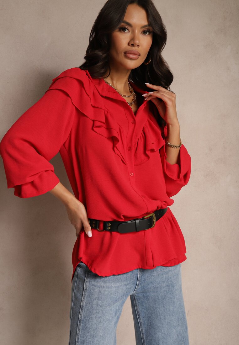 Czerwona Koszula z Falbankami na Rękawach i przy Dekolcie Celoniah