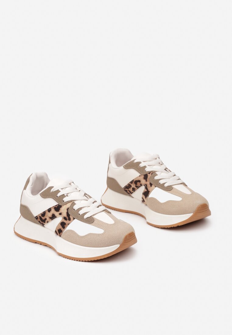 Beżowo-Białe Sneakersy na Płaskiej Podeszwie z Geometryczną Wstawką w Panterkę Sewla