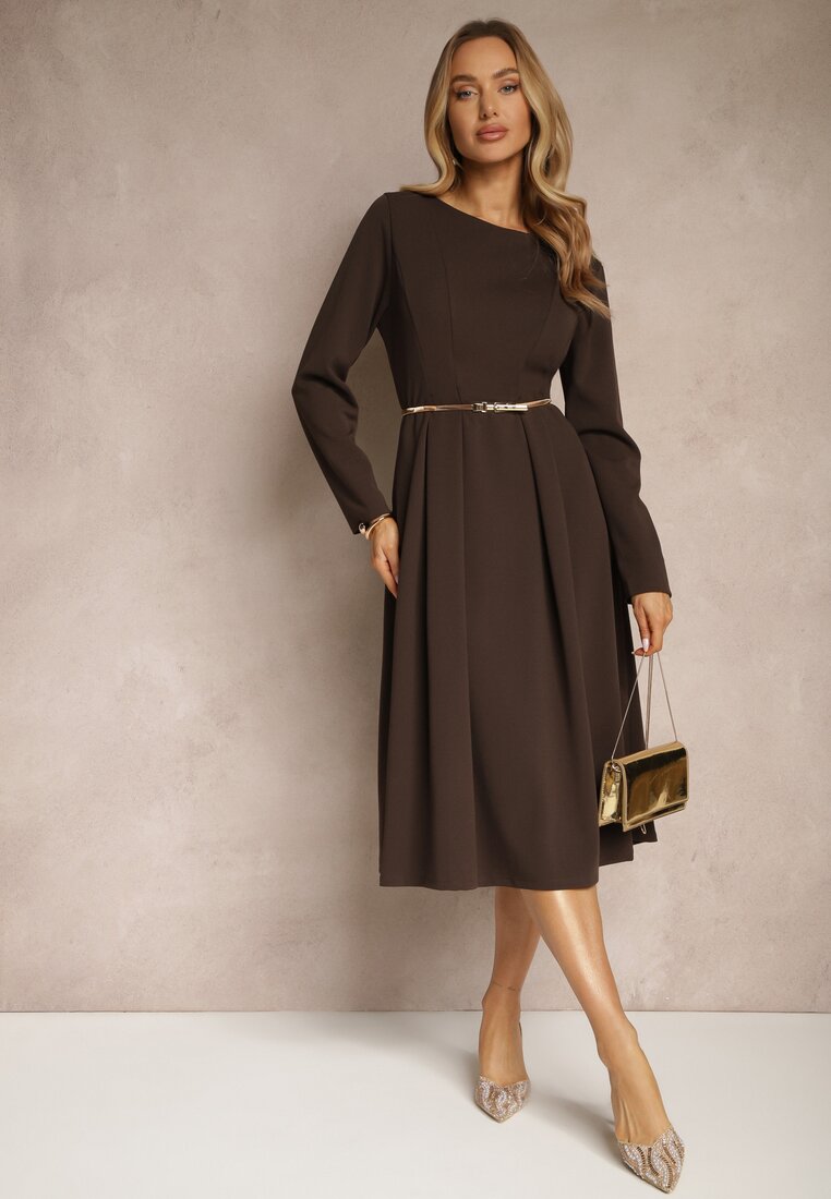 Brązowa Rozkloszowana Sukienka w Eleganckim Stylu Temilissa
