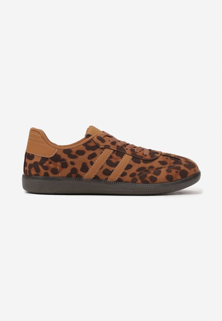Brązowe Casualowe Sneakersy z Ekozamszu w Panterkę na Płaskiej Podeszwie Pemeriana