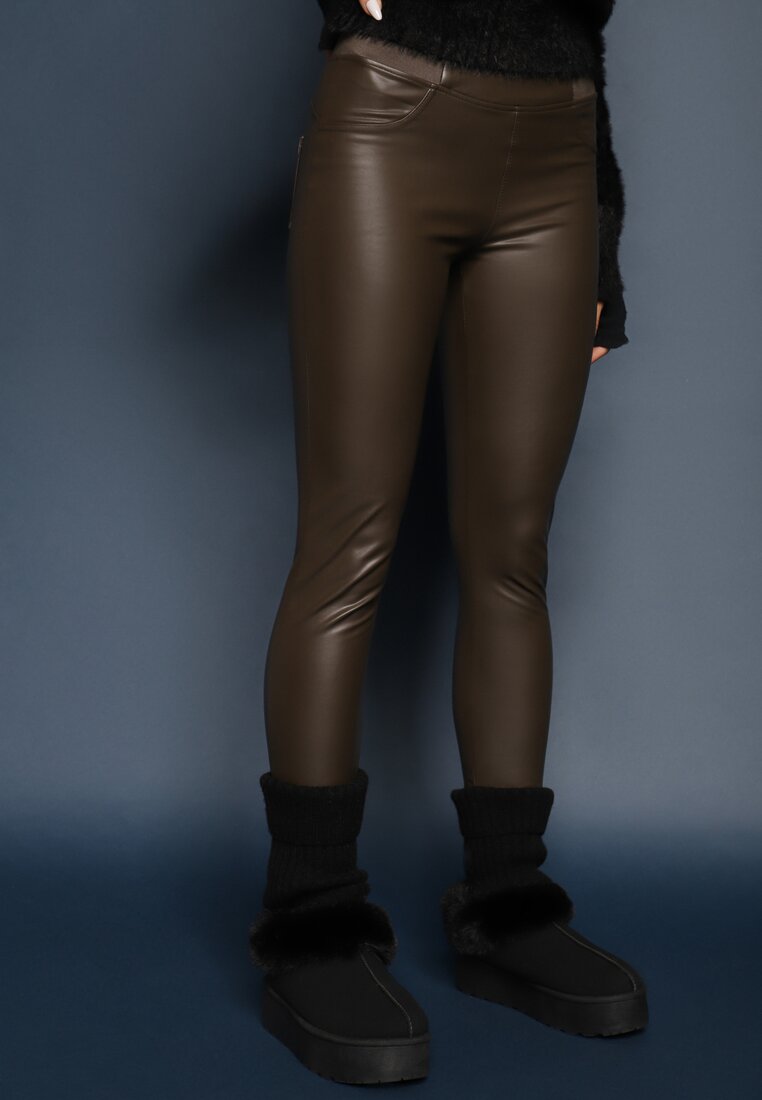 Brązowe Legginsy z Imitacji Skóry High Waist z Ociepleniem Felilith