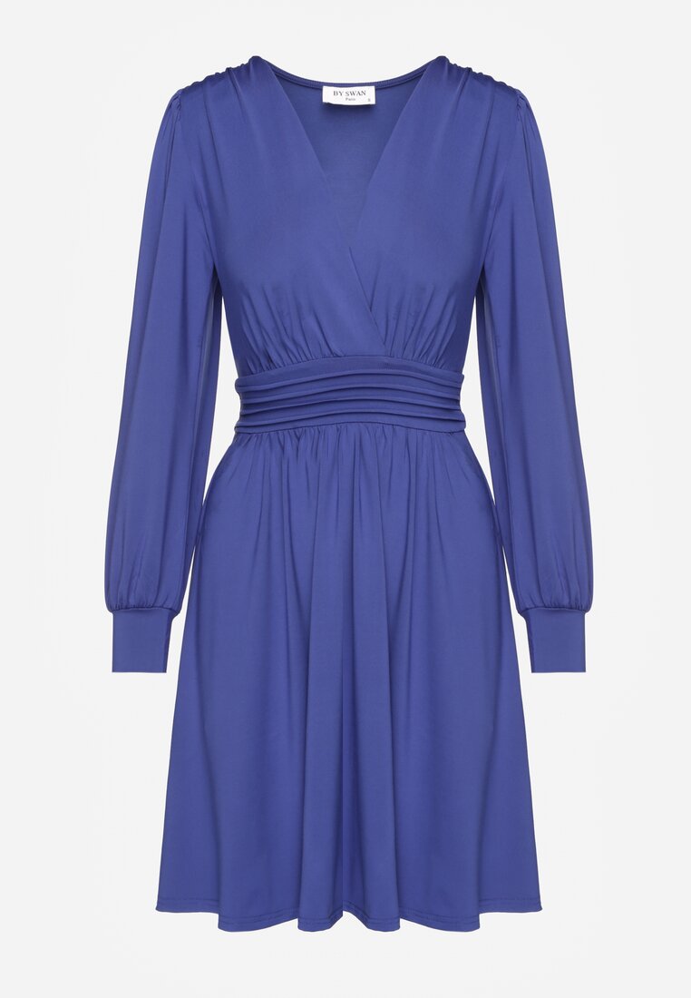 Niebieska Sukienka z Wiskozą o Rozkloszowanym Kroju Selaitea