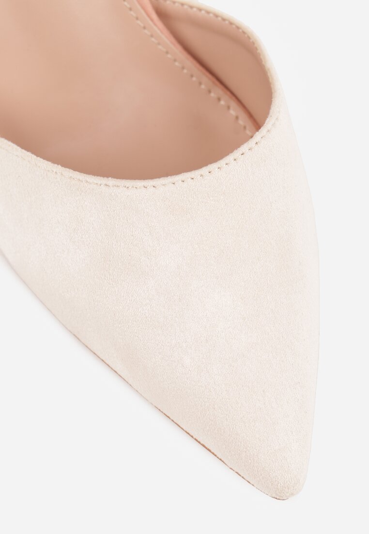 Beżowo-Różowe Czółenka na Stożku Ozdobione Paskiem Wokół Kostki i Metaliczną Aplikacją Tiliri