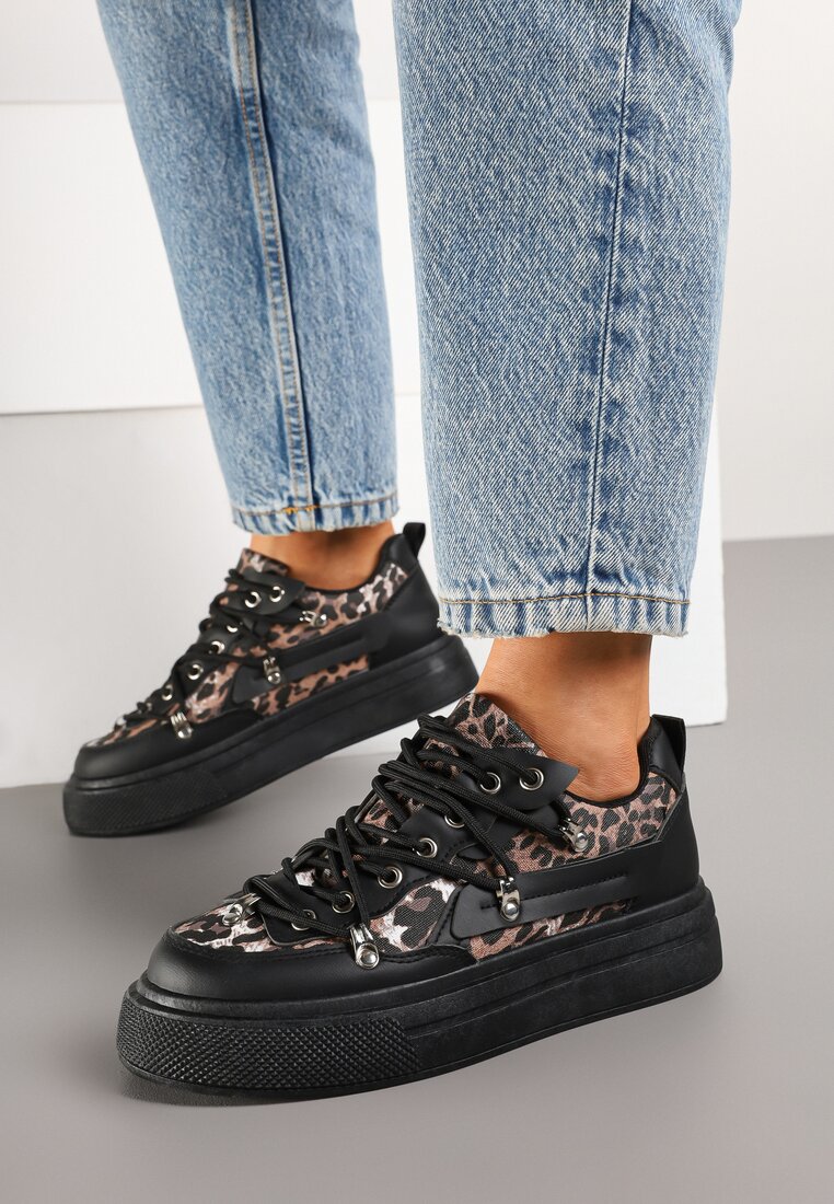 Czarne Sneakersy ze Wzorem w Panterkę Doridi