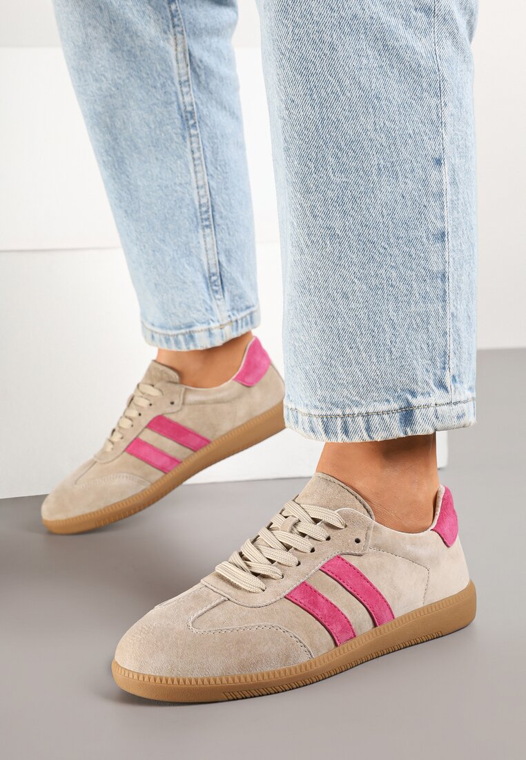 Beżowo-Różowe Płaskie Sneakersy z Wkładką ze Skóry Naturalnej Ozdobione Paskami Neladria