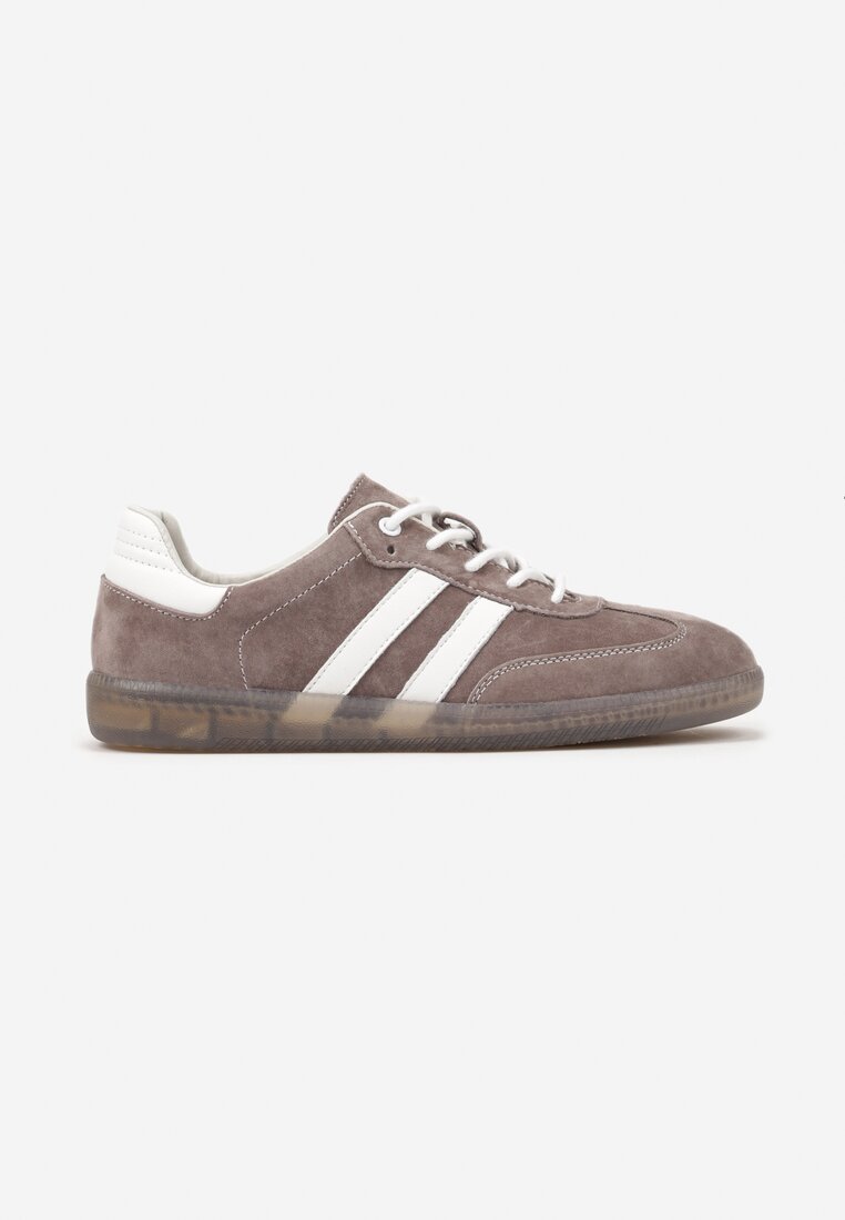 Brązowe Płaskie Sneakersy ze Skóry Naturalnej z Ozdobnymi Paskami Nelarielis