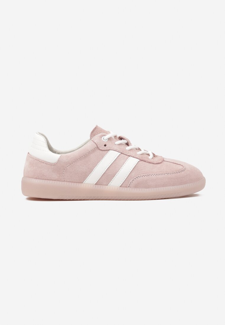 Różowe Płaskie Sneakersy ze Skóry Naturalnej z Ozdobnymi Paskami Nelarielis