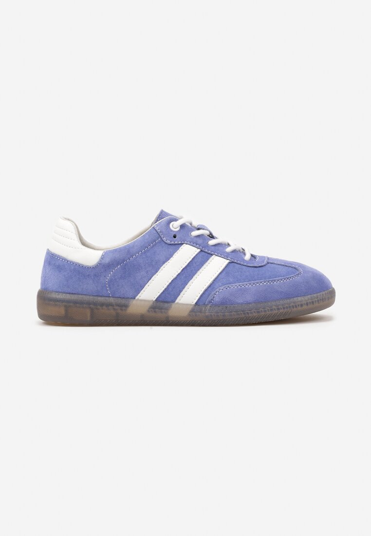 Niebieskie Płaskie Sneakersy ze Skóry Naturalnej z Ozdobnymi Paskami Nelarielis