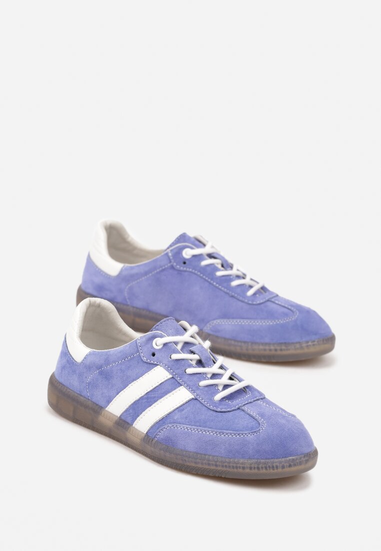 Niebieskie Płaskie Sneakersy ze Skóry Naturalnej z Ozdobnymi Paskami Nelarielis