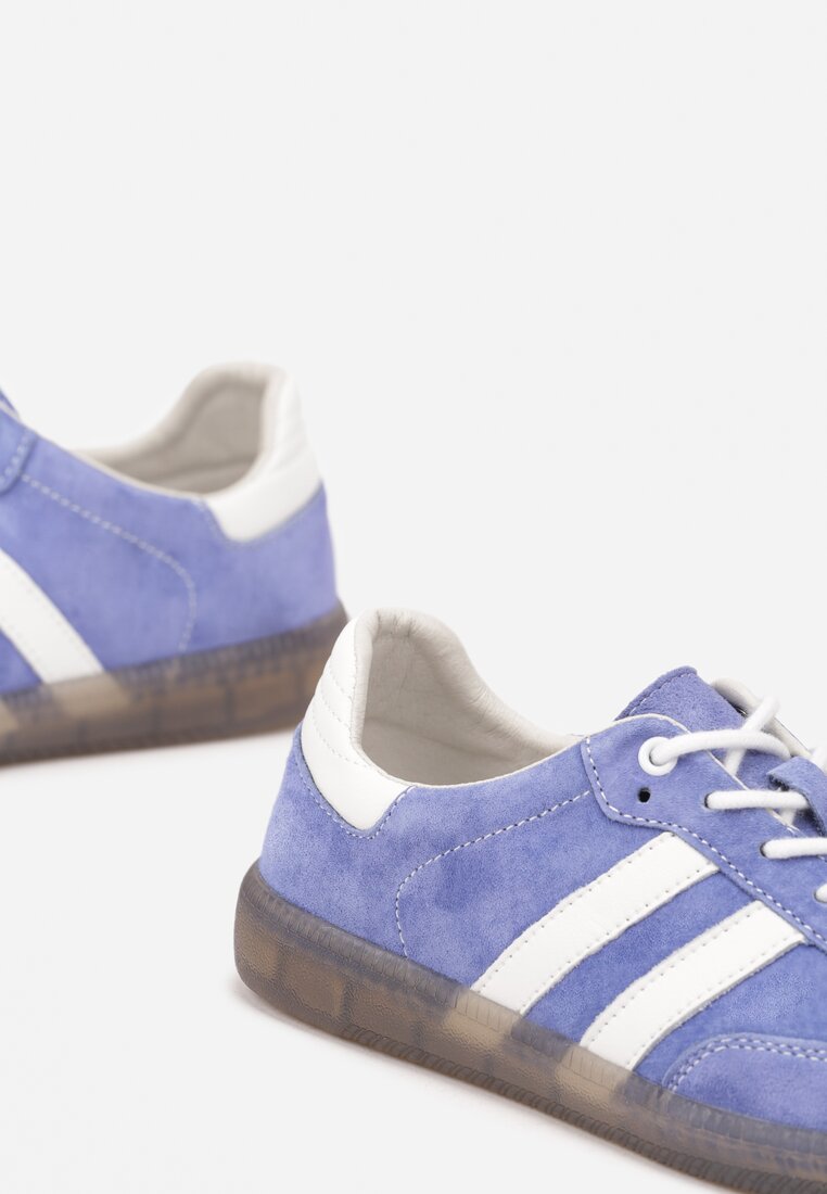 Niebieskie Płaskie Sneakersy ze Skóry Naturalnej z Ozdobnymi Paskami Nelarielis