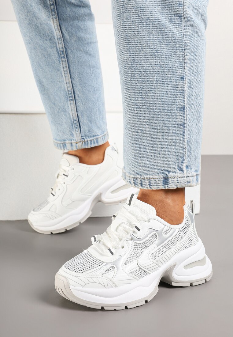 Białe Brokatowe Sneakersy w Streetwearowym Stylu na Piankowej Podeszwie Felindris