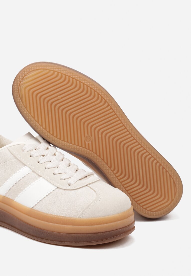 Beżowe Sneakersy na Płaskiej Podeszwie z Ozdobnymi Paskami Velali