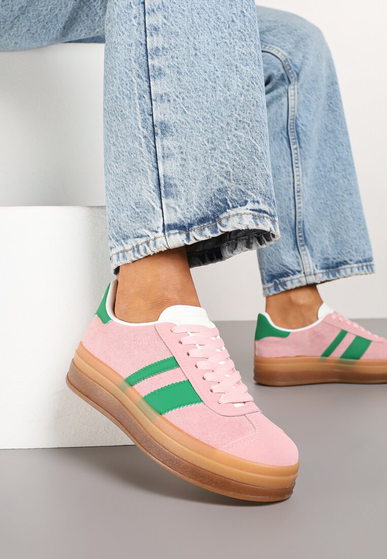 Różowo-Zielone Sneakersy na Płaskiej Podeszwie z Ozdobnymi Paskami Velali