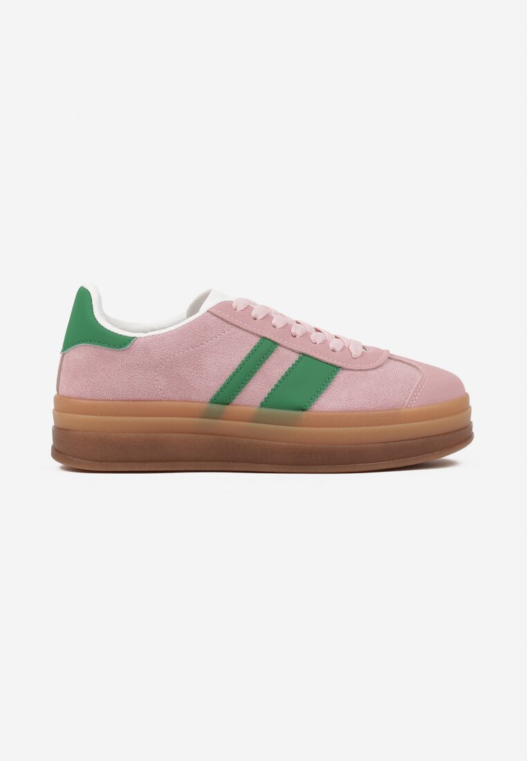 Różowo-Zielone Sneakersy na Płaskiej Podeszwie z Ozdobnymi Paskami Velali