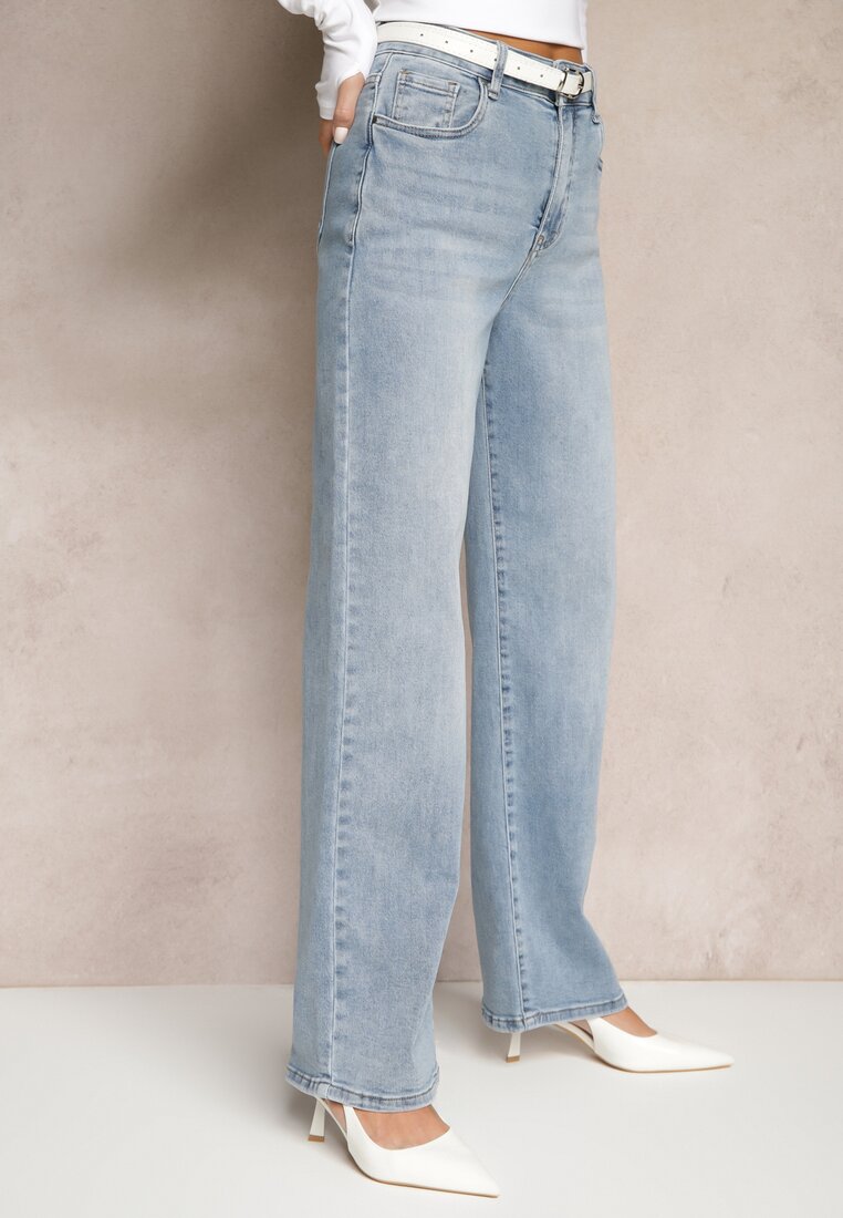 Jasnoniebieskie Jeansy High Waist z Szeroką Nogawką Isvila