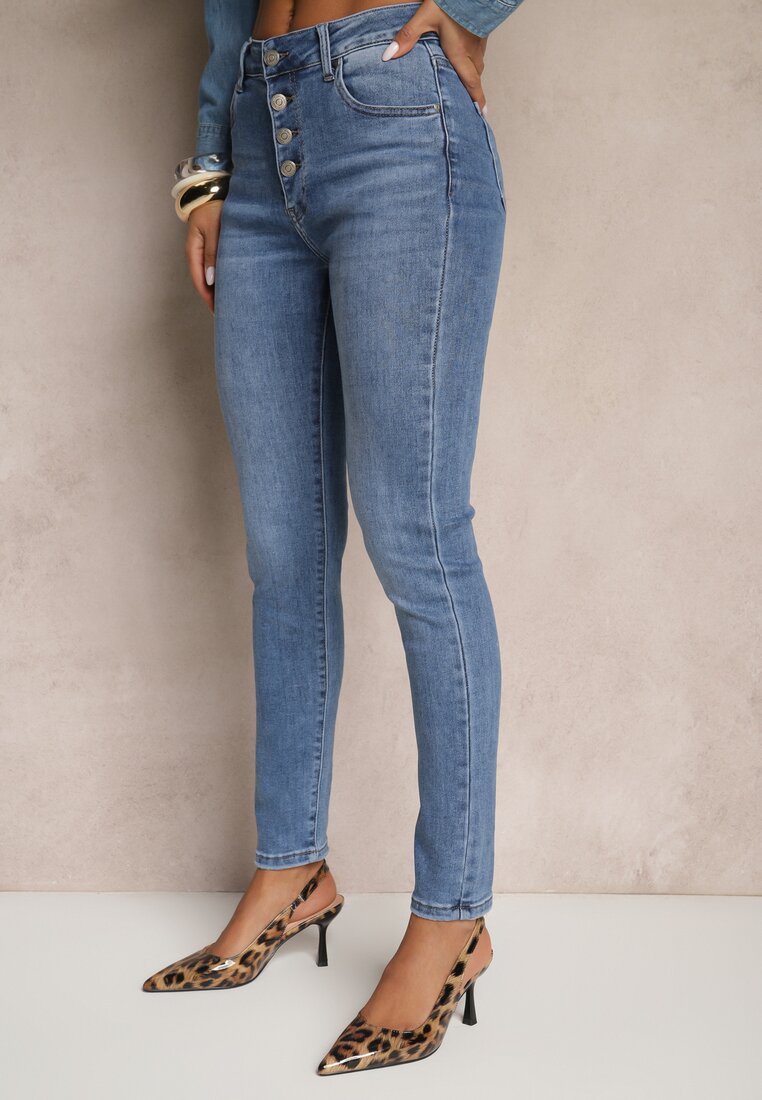 Niebieskie Jeansy Skinny z Bawełną High Waist Ozdobione Guzikami Felariel