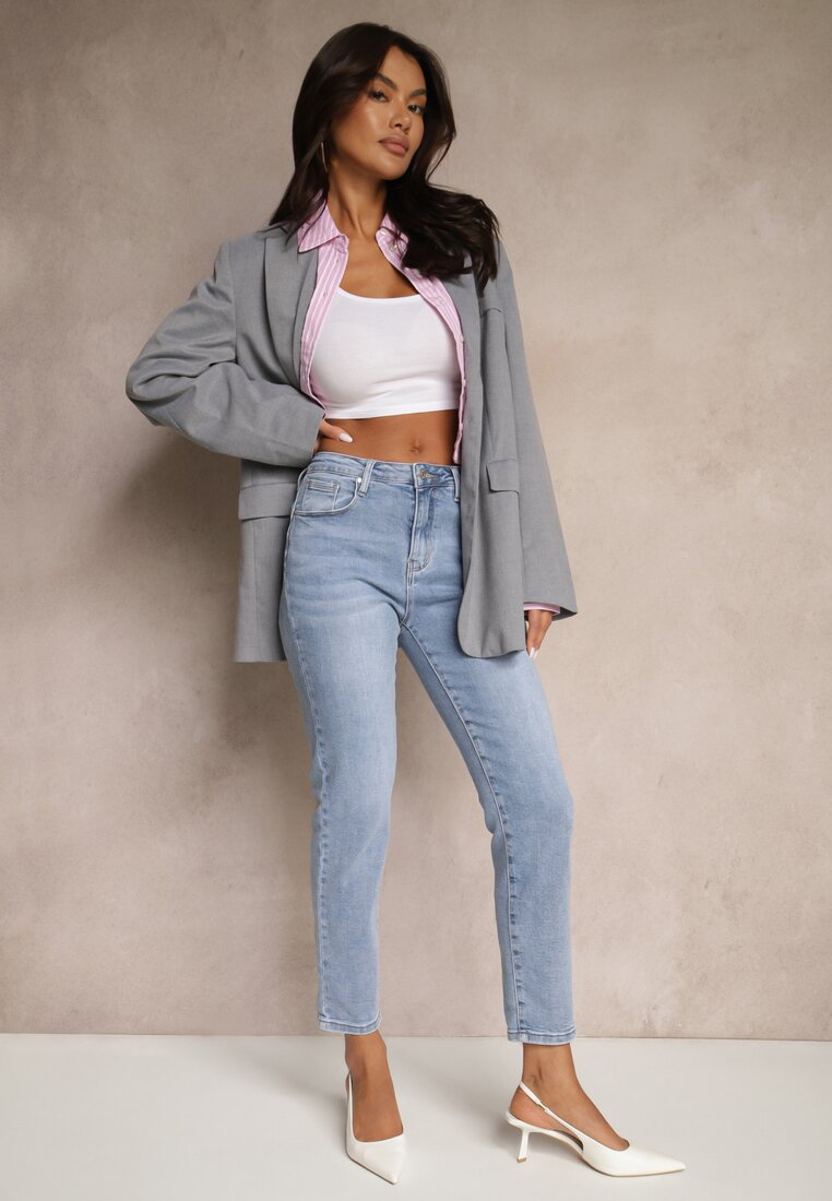 Jasnoniebieskie Jeansy High Waist o Kroju Mom Fit Delarinor