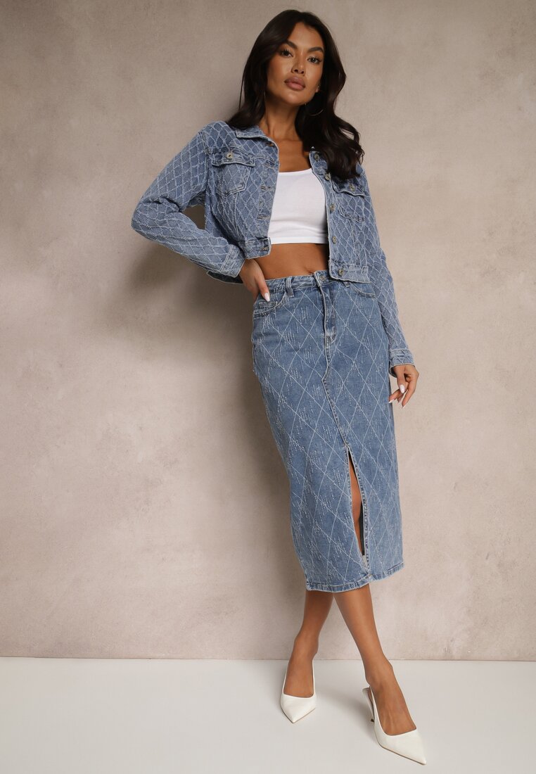 Niebieska Spódnica Jeansowa z Bawełny High Waist Ozdobiona Przetarciami Carithwen
