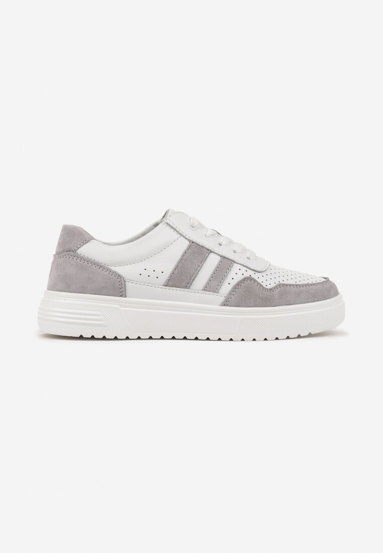 Biało-Szare Płaskie Sneakersy ze Skóry Naturalnej Ozdobione Paskami i Perforacją Floriwa