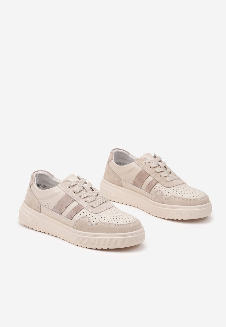 Beżowe Płaskie Sneakersy ze Skóry Naturalnej Ozdobione Paskami i Perforacją Floriwa