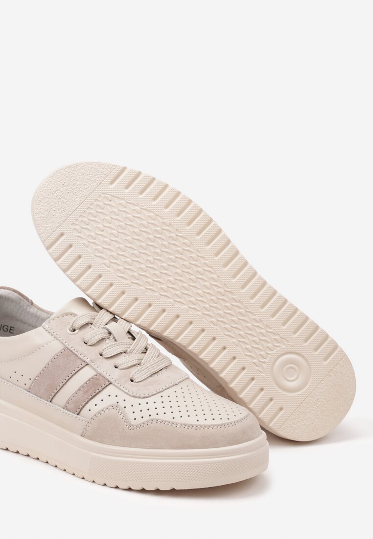 Beżowe Płaskie Sneakersy ze Skóry Naturalnej Ozdobione Paskami i Perforacją Floriwa